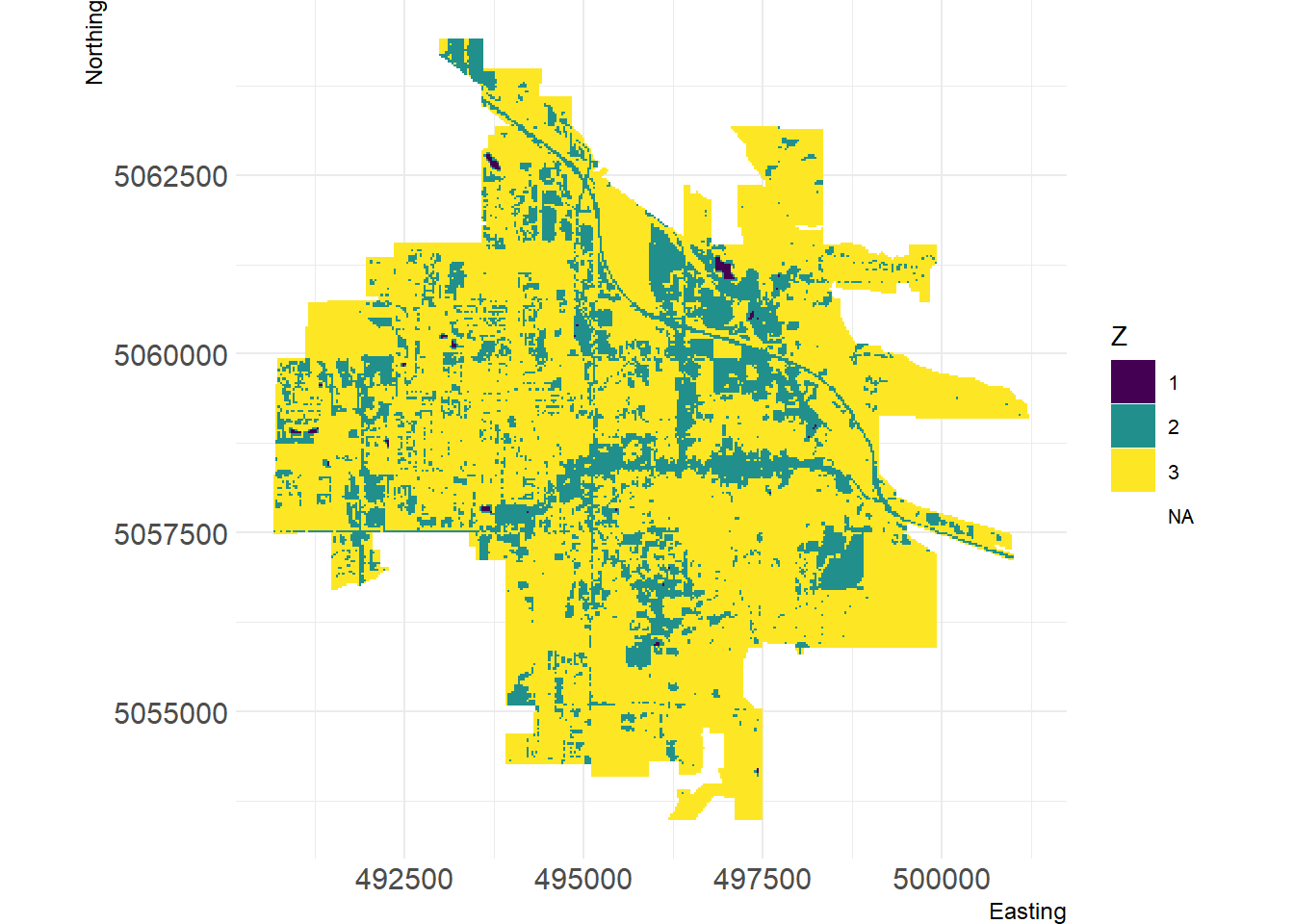 Visualization of Bozeman land cover using landscapemetrics package.